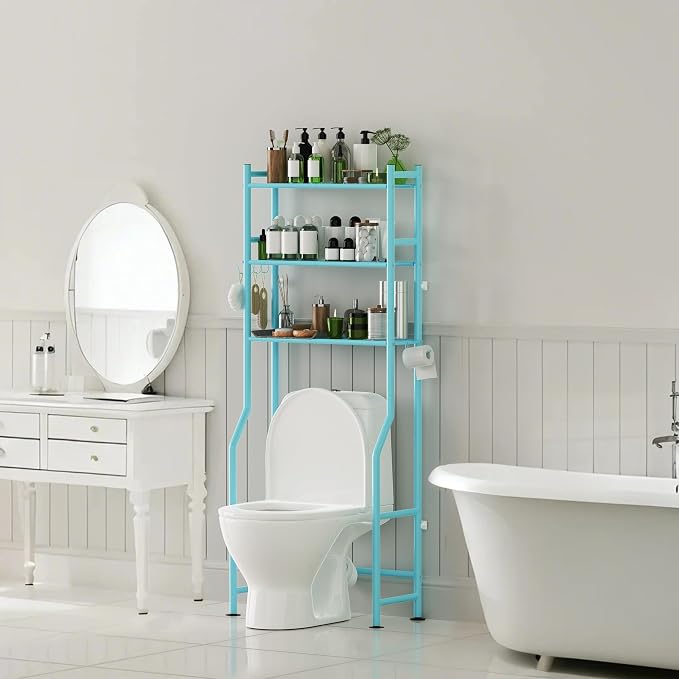3-Tier Over The Toilet Storage Organizer, Space-Saving Bathroom Rack with Paper Holder & 4 Hooks, 64" Tall Freestanding Carbon Steel Shelf for Small Apartment Laundry Room (Blue)