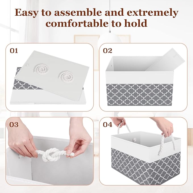 Fab totes Storage Bins 4-Pack, Foldable Storage Baskets for Organizing Toys, Books, Shelves, Closet, Large Storage Box with Rope Handles, Sturdy Organizer Bins,Clover Grey