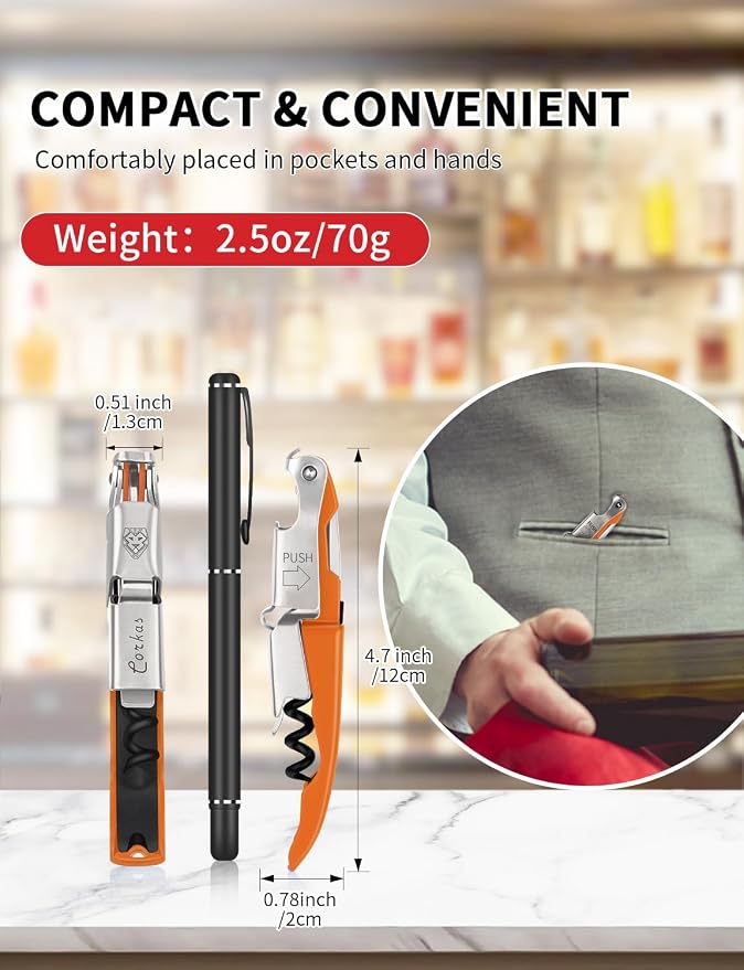 CORKAS Wine Key - Professional Handcrafted Heavy Duty Waiter Corkscrew, Compact Wine Opener with Double Hinged, Foil Cutter and Bottle Opener, Gifts for Servers, Sommelier, Bartenders - Orange