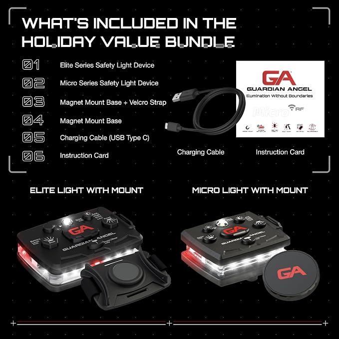 Guardian Angel Safety Light Holiday Value Bundle (2 Pack) – Elite (White Front & Red Rear) + Micro (White Front & Red Rear) – Hands-Free LED Flashlights for First Responders and Recreational Use