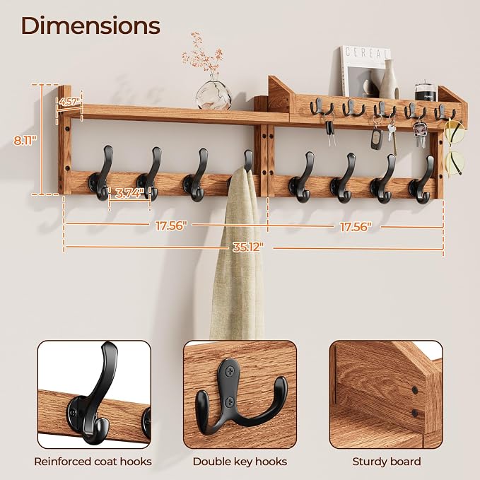 Evermagin 35" Coat Rack Wall Mount with Shelf, 4 in 1 Wall Mounted Coat and Key Hanger with 13 Hooks, Entryway Key Holder with Mail Holder for Living Room, Bedroom