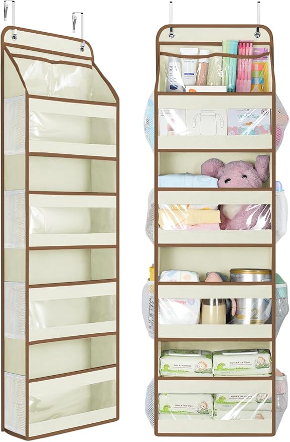 Yecaye 5 Tier 1Pc Over the Door Organizer, Swing-proof Door Organizer Hanging with Clear PVC Windows, Behind the Door Storage for Bedroom Nursery Closet Laundry Pantry Bathroom, Beige