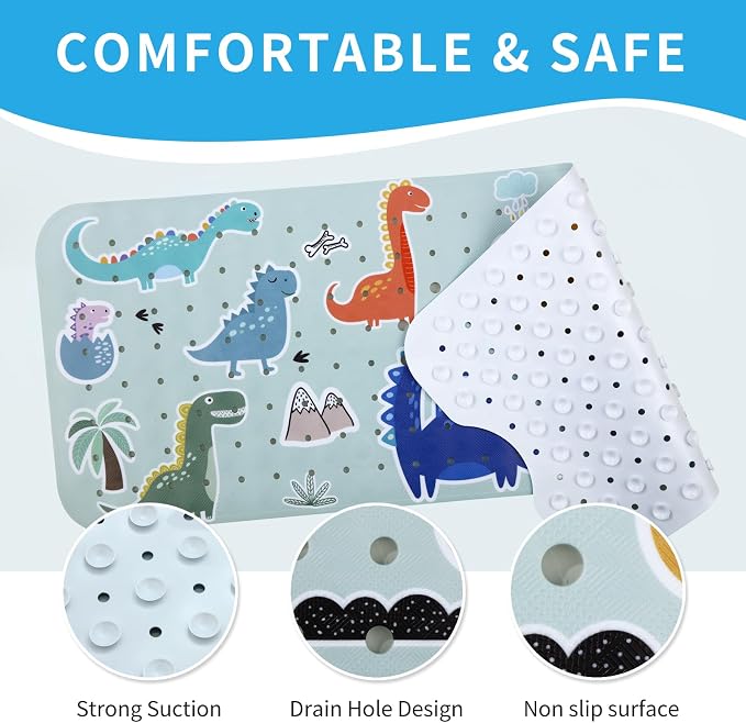 Bath Tub Shower Mat Non Slip Kids Bathtub Mat Anti Slip Baby Bath Mat for Tub 40 x 16 Inch Extra Long Toddler Bath Mat with Suction Cups and Drain Holes for Bathroom Floor,Machine Washable,Dinosaurs