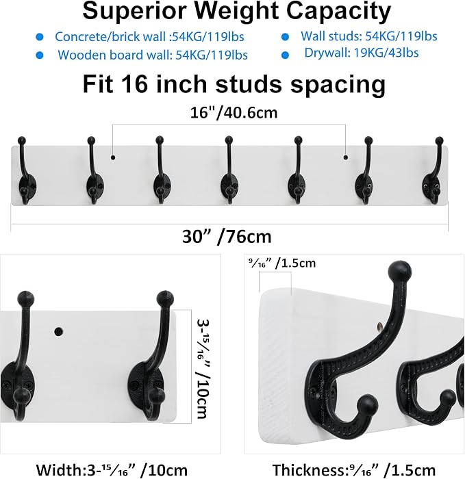 WEBI Rustic Coat Rack Wall Mount,30" Long 7 Cast Iron Coat Hooks Wall Mounted,Heavy Duty Wood Wall Coat Hanger Hooks for Hanging Coats,Jacket,Clothes,Backpack,Farmhouse,Black on White,2 Packs
