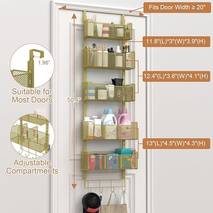 VyGrow Over The Door Organizer, Metal Door Organizer Hanging with 5 Adjustable Baskets and Coat Hook, Behind The Door Storage for Bedroom Closet Bathroom Pantry Cabinet Kitchen, Gold