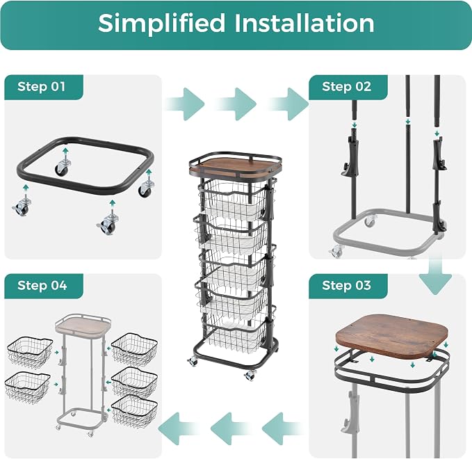 5 Tier Kitchen Fruit Vegetable Storage Cart with One-Piece Rotating Basket, Pantry Organizer Shelf Rack Floor Stand for Veggie Onion Potato Produce Spice, Rolling Snack Cart on Wheels, Black