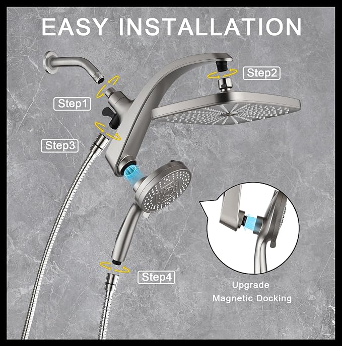 BOZYBO Rain Shower Head with Handheld: High Pressure Shower Heads with Handheld Spray Combo, 12" Rainfall Shower Head and 9 Sprays Hand Showerheads with Magnetic Docking and Power Jets, Starlight