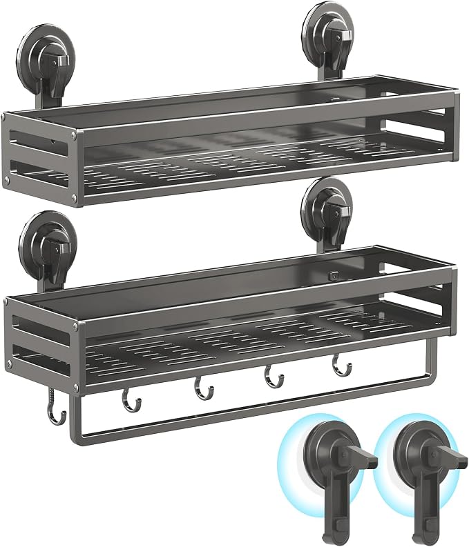 Suction Cup Shower Caddy, 15.7inch Extended Version, with 5 Hooks & Towel Rrack, No Drilling Required, Rust-Resistant Bathroom Shower Organizer (Dark Gray, 2-Pack)
