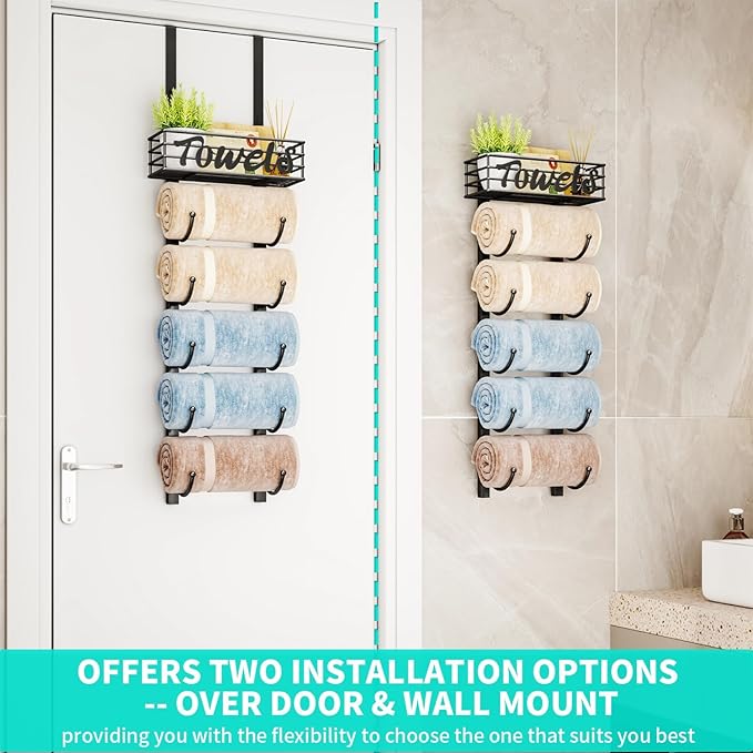 HapiRm Towel Racks for Bathroom Storage - 6 Tier Over The Door & Wall Mount Rolled Towel Storage Organizer Holder with Metal Shelf Basket for Small Bathroom, Camper, Rv - Black, Patented