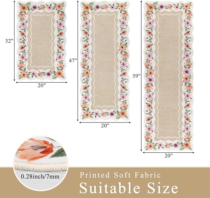 Vaukki Boho Kitchen Rug Sets 3 Pieces, Washable Kitchen Mats for Floor, Non Slip Soft Kitchen Area Rug Floor Mat for Kitchen, Laundry Room and Hallway (Flower-Beige, 20''x32''+20''x47''+20''x59'')