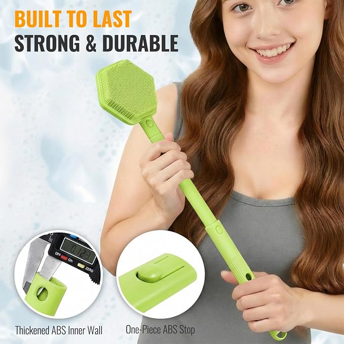 AIMAIAIMAI Silicone Back Scrubber for Shower – 21in Extendable Shower Brush with Long Handle – Dual-Sided Back Brush with Non-Slip Grip, Gentle Cleansing & Exfoliation for Men, Women, Elderly (Green)