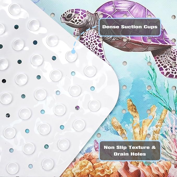 Ocean Animals Bathtub Mat Non Slip, Sea Turtle Baby Bath Mat for Tub Rubber Tub Mat, Cute Toddler Kids Bath Mats for Bathroom Anti Slip Shower Mat with Suction and Drain Holes Machine Washable,40″x16″