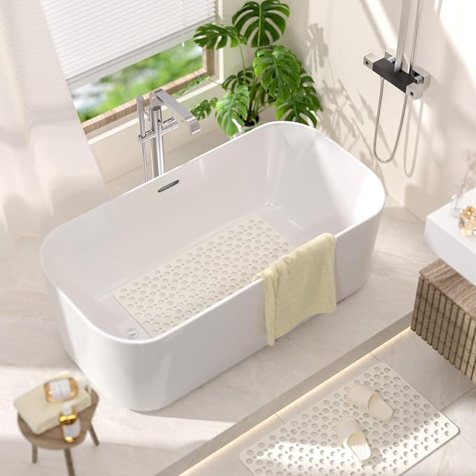HITSLAM Bathtub Mat Non Slip, 30 x 17 Inch TPE Bath Mat for Tub, Efficient Drainage Bathroom Shower Mat with Suction Cups, Bath Tub Mat, Soft on Feet and Easy to Clean, White