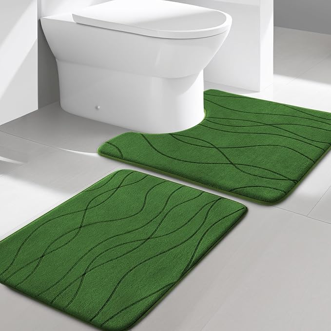 YIHOUSE Memory Foam Bathroom Rug Sets, Green, 2 Pieces-U Shape & Small Mat | Ultra Soft, Absorbent, Non-Slip, Machine Washable