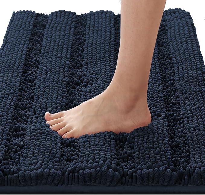 H.VERSAILTEX Bathroom Rugs Bath Rugs for Bathroom Non Slip Bath Mats Extra Thick Chenille Striped Rug 17" x 24" Absorbent Soft Shaggy Washable Dry Fast Bath Mats for Bath Room Floor - Navy