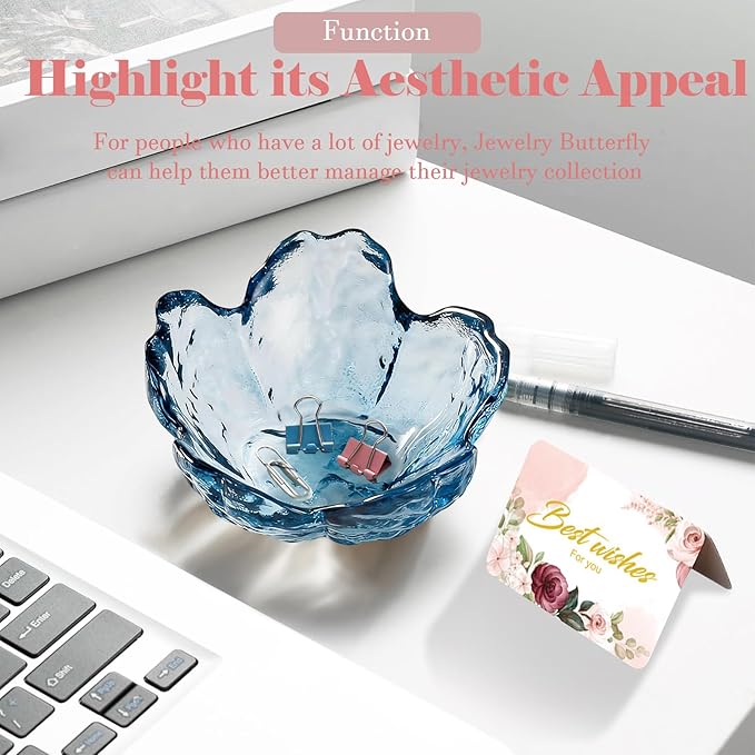 Binoster Blue Flower Glass Ring Dish Jewelry Tray Ring Holder Dish Cute Room Decor Vanity Organizer for Nightstand or Bathroom Aesthetic Trinket Dish Gift for Wife Mom Daughter