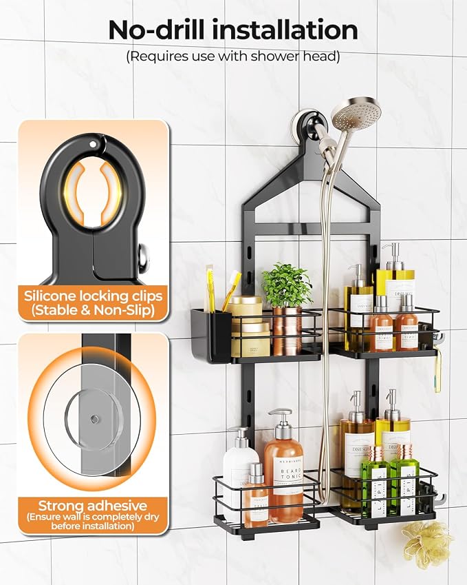 ODesign 2 Tier Height-Adjustable Partition Shower Caddy Hanging Anti-Swing-Over The Shower Head Caddy Storage Organizer Bathroom Shelves Basket-Black