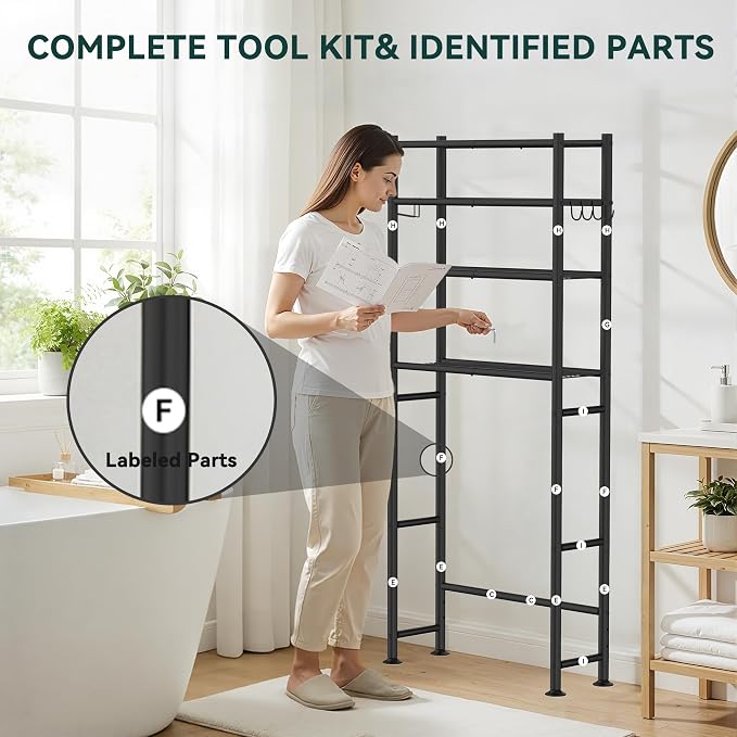 GloTika 4-Tier Over The Toilet Storage, 200lb Total Capacity Metal Bathroom Organizer with 36" Clearance, Includes Paper Holder & 4 Hooks, Space Saving Rack for Bathroom Laundry Room (64" H, Black)