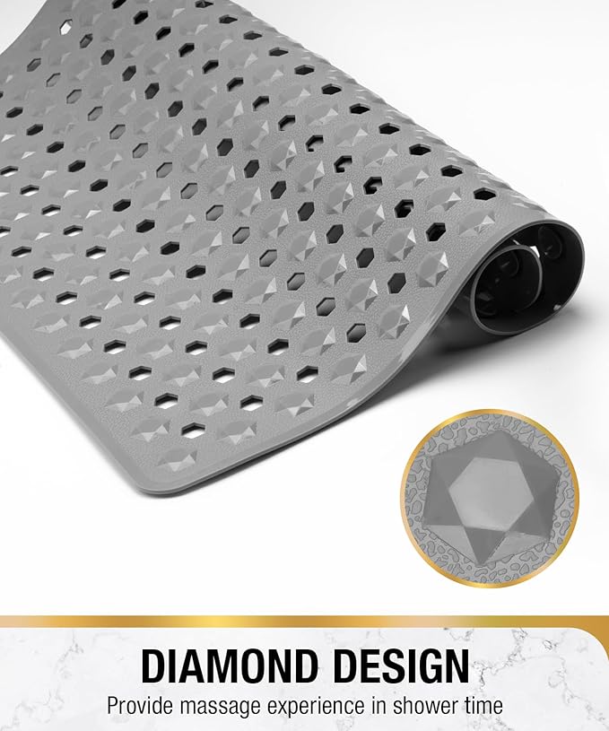 HITSLAM Shower Mat Anti Slip, Square Bath Mat for Tub Non Slip with Suction Cups and Drain Holes, 21x21 Inch Bathroom Shower Stall Floor Mat, Machine Washable, Soft on Feet, Grey