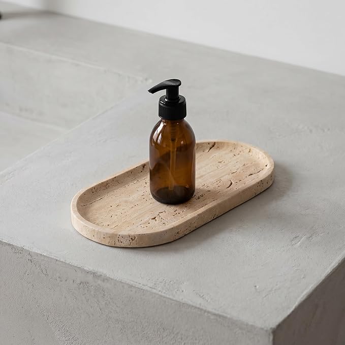 YKAJO Oval Real Marble Tray for Bathroom Kitchen Counter Stone Decorative Vanity Tray for Dresser Perfume Heavy Catchall Organizer for Soap Jewelry (Yellow Travertine, 9.8" x 4.7")
