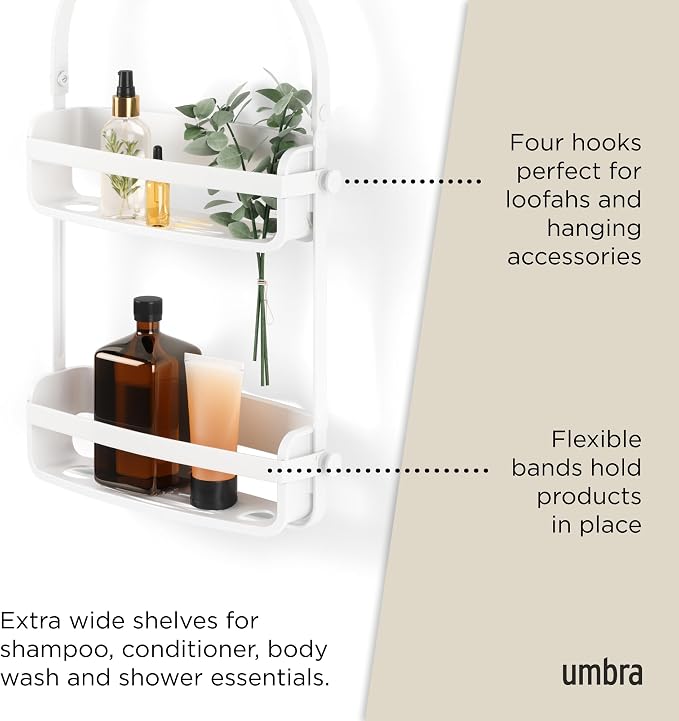 Umbra Flex Hanging Shower Caddy with 2 Shelves, Bathtub Shelf and Bathroom Organizer, White