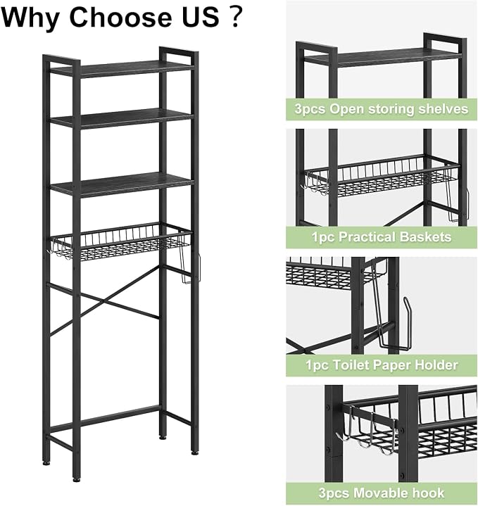 Kalrin Over-The-Toilet Storage Rack, 4-Tier Bathroom Organizer Shelf Over Toilet with Adjustable Shelf and Basket, Freestanding Space Saver Bathroom Shelves Above Toilet for Room (Pure Black)