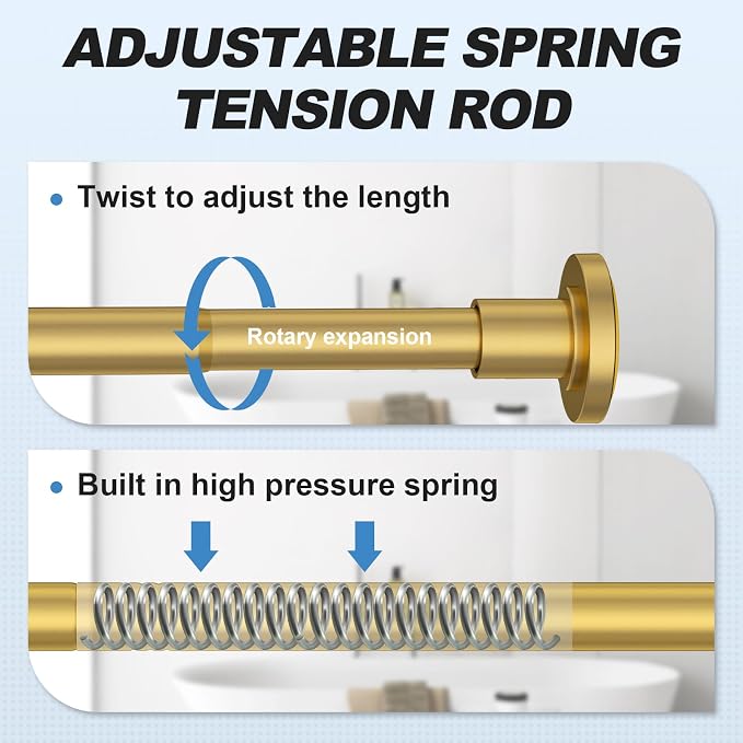 CorkLatta Gold Shower Curtain Rod 31 to 92 Inch,1 Inch Diameter Adjustable Spring Tension Stainless Steel Telescoping Rod,Easy Install,No Rust