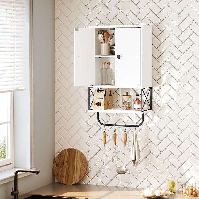 MAHANCRIS Bathroom Wall Cabinet with 2 Door and Adjustable Shelf, Farmhouse Medicine Cabinet with Towel Rack, 3-Tier Wall Mounted Storage Cabinet Over The Toilet for Bathroom Laundry Room, White