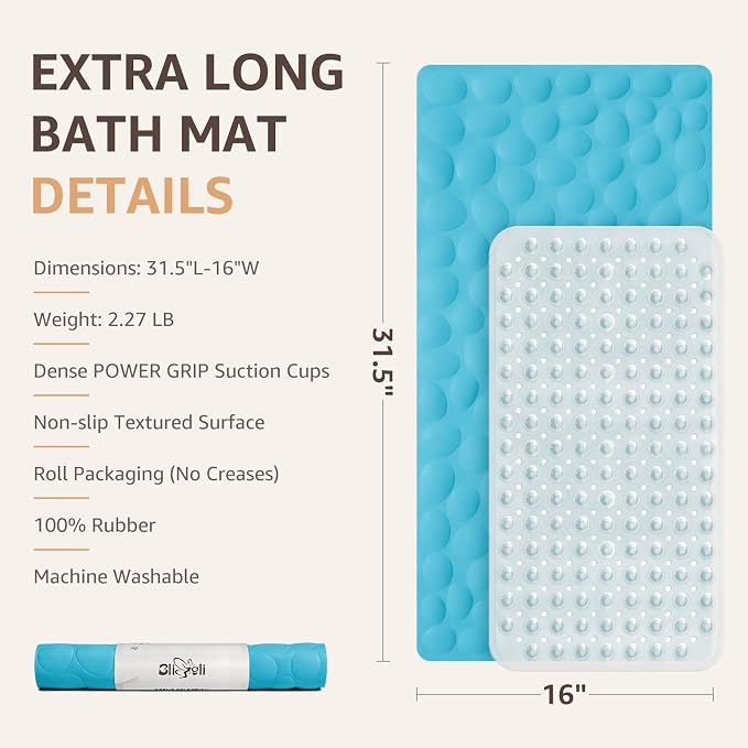 Bligli Non Slip Bathtub Mat, 16x31.5 Inch Standard Non-Slip Bathmats with Strong Suction Cups, Soft Rubber Anti-Slip Bathroom Floor Mat, Machine Washable, Comfort on Feet, 100% BPA Free (Blue)