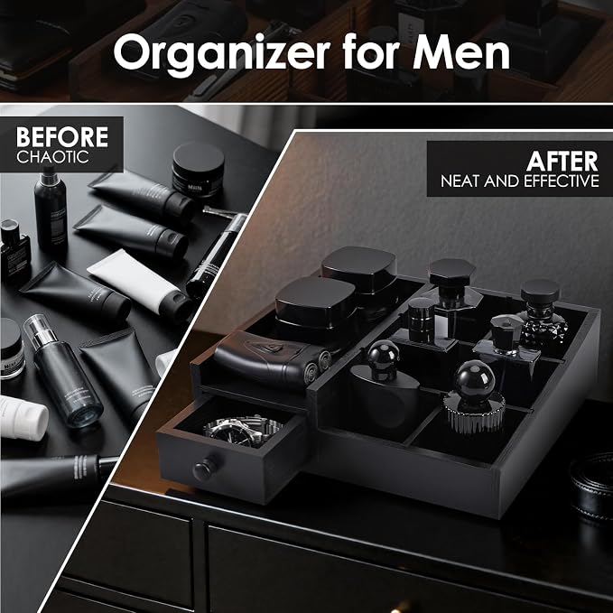 Forest Angle Organizer for Men,Bathroom Countertop Organizers,Perfume Organizer,Cologne Organizers,Bathroom Storage,Perfume Stand,Dresser Organizer,Gifts for Men,Dad Gifts,Adjustable Partition(Black)