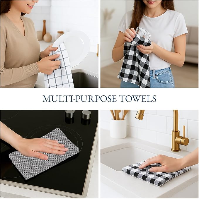 LANE LINEN Kitchen Towels Set – Pack of 6 Cotton Dish Cloths, 18”x28”, Soft & Quick-Drying Tea Towels for Cleaning – Black