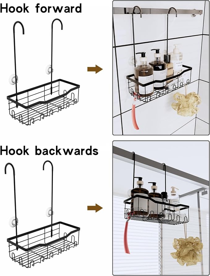 Slizy Hanging Shower Rack, Black Bathroom Storage Rack, Bathroom Door Organizer, Shower Basket, Shampoo Holder, No Drilling Required, Organizes Essentials, Single-Tier Shelf
