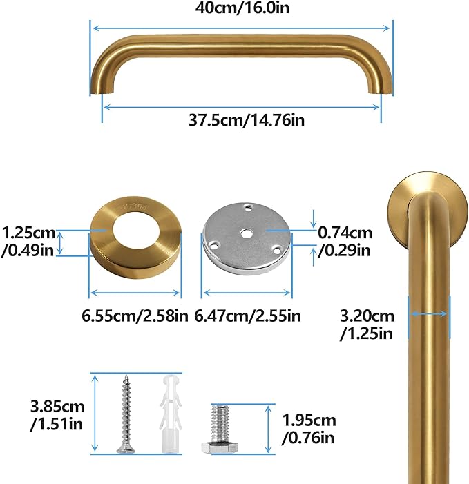 Shower Grab Bar, 2 Pack 16 Inch Gold Bathroom Safety Bar, 1.25" Diameter 304 Stainless Steel Grab Bars for Bathtubs and Showers, Handicap Shower Grab Bar for Seniors Elderly