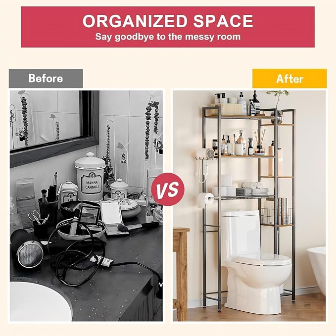 Over The Toilet Storage with Wooden Shelves and Side Rack, 7-Tier Metal Over Toilet Bathroom Organizer Freestanding Storage Shelf for Toilet Paper, Towels, Toiletries, Ideal for Small Bathroom