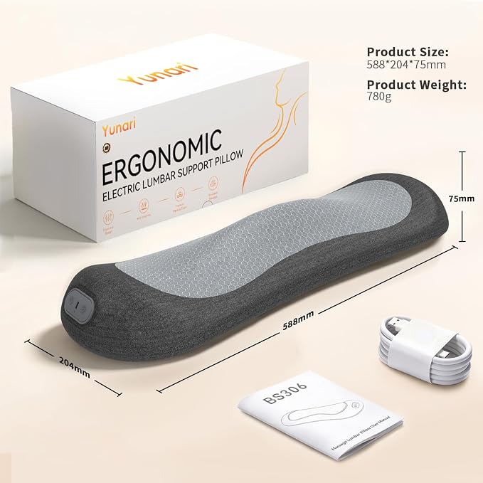 Yunari 3-in-1 Wireless Back Massager, Dual Airbag Decompression Lumbar Support Pillow with Adjustable Heat, Vibration & Traction, Ergonomic Support for Lower Back Pain Relief, Home Office Travel Car