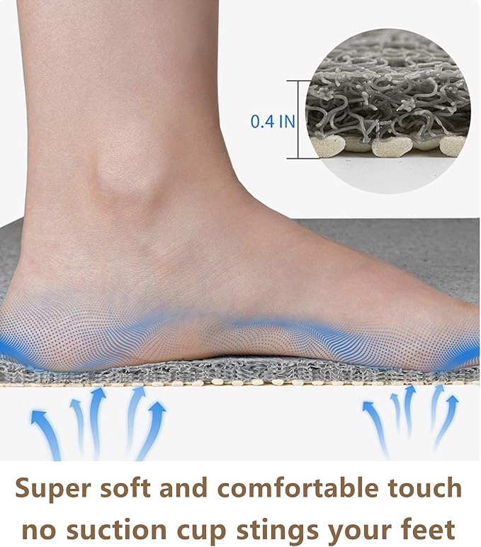 Anti Slip Shower Mat, Soft Textured Bath Mat, Easy Drain Non Slip Comfort Bathtub Mats, Quick Drying PVC Loofah Bathroom Mats, Phthalate Free (15.5" × 23.5", Grey)