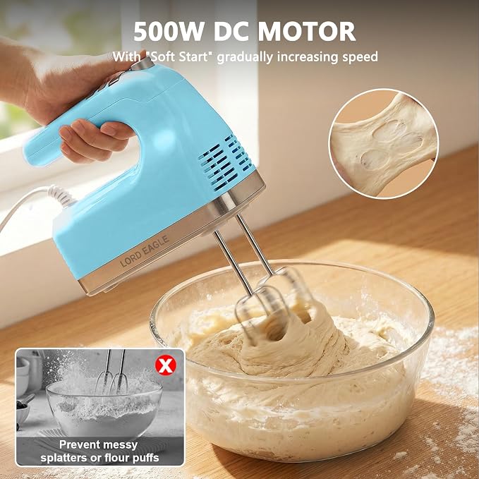 Lord Eagle 9-Speed Digital Hand Mixer Electric Handheld, 500W DC Motor Kitchen Mixer for Cake Baking, Lightweight Egg Beaters with Stain-resistant & Waterproof Storage Bag & 6 Accessories, Blue