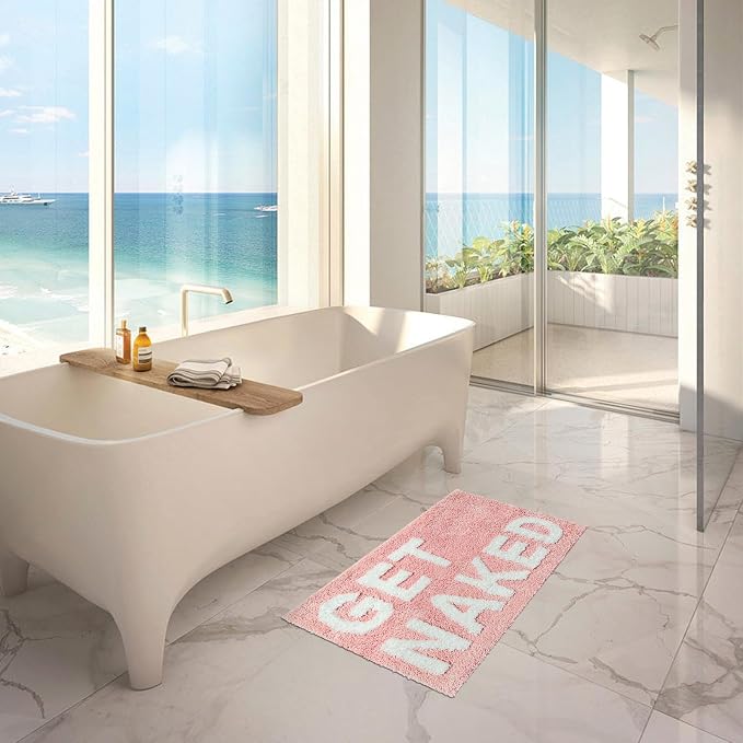 Get Naked Bath Mat, Cute Bedroom Rugs, Funny Pink Living Room Mat for Apartment Decor, Soft & Absorbent Plush Non-Slip Bottom Multi-Purpose Door Mat Home Carpets 31.5" x 20"