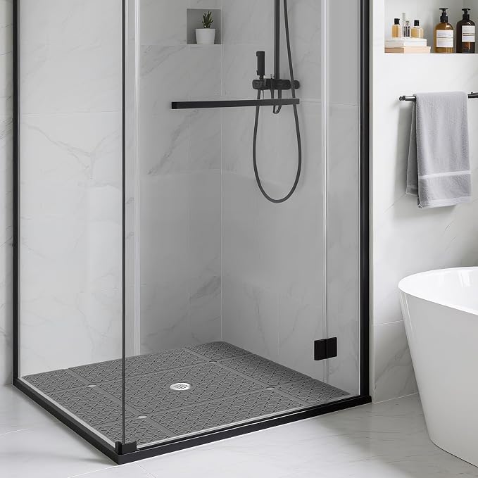 Yolife Square Shower Mat, 27" x 27" Large Shower Mat with Center Drain Hole, Soft TPE Non Slip Shower Mats for Inside Shower with Suction Cups, Anti Slip Washable Shower Floor Mat, Dark Grey