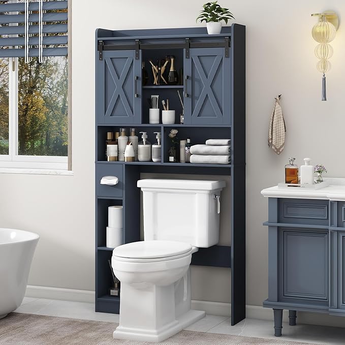 Vabches Over The Toilet Storage Cabinet, Farmhouse Storage Cabinet Over Toilet with Sliding Doors，Home Space-Saving Toilet Rack, for Bathroom, Restroom, Laundry