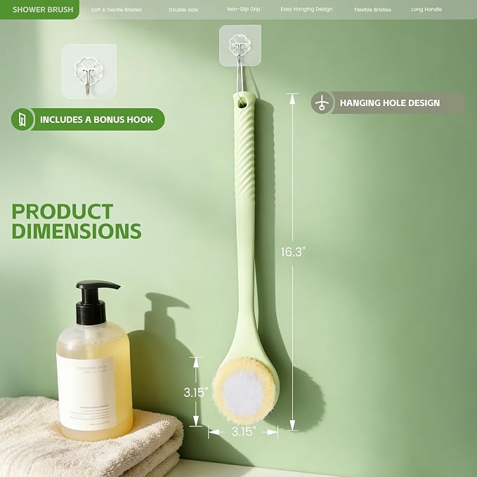 Back Scrubber for Shower with Long Handle, Dual-Sided Bath Brush with Soft Bristles & 150D Exfoliating Cloth, Anti-Slip Grip, Lightweight Back Washer for Shower, Men & Women (Green)