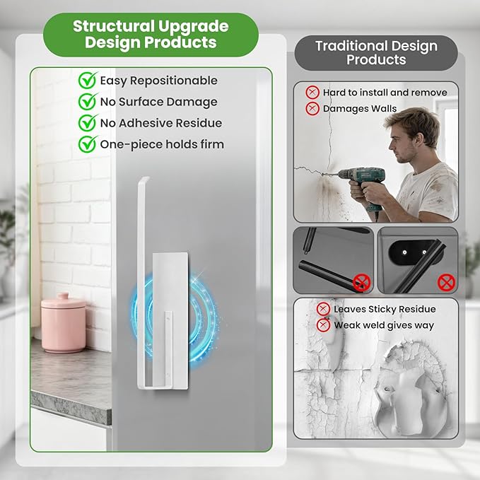 Paper Towel Holder Magnetic, Magnetic Paper Towel Holder for Fridge, Toilet Paper Roll Holder Magnet Towel Rack Wall Mount Shelf Bar for Towels Rolls Bathroom RV Dorm Kitchen Wall Decor, White 2 Pack
