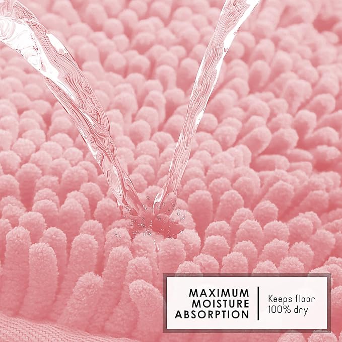 Hearth & Harbor Bathroom Rugs, Chenille Bath Mat - Machine Washable Bath Mats for Bathroom Non-Slip Backing Rubber, Quick Dry Bathroom Mat, 17 x 24 + 20 x 32 - Pink