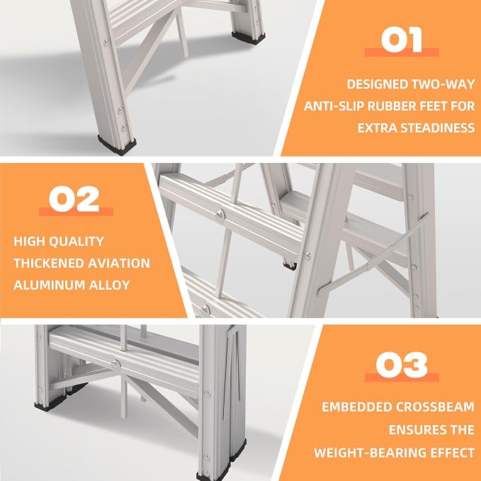 APARECIUM Aluminum Ladder, Foldable Twin Front A Frame 6-Step Ladder with Wide Anti-Slip Pedal, Compact Portable Lightweight Step Stool, EN131, 330lb Capacity