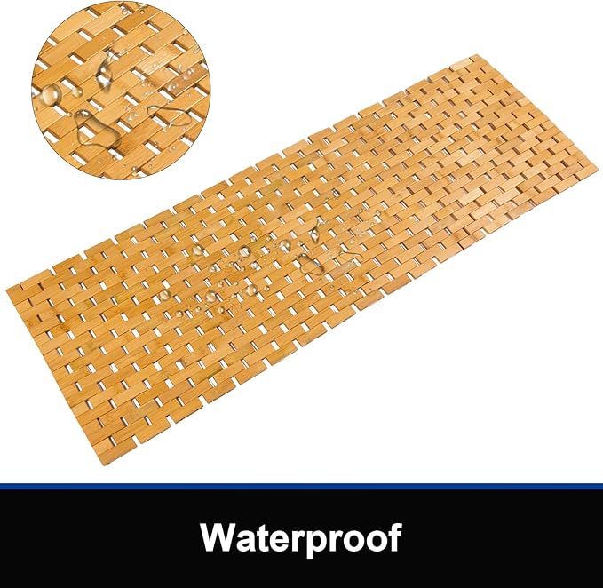 Bambo Bath Mat Bathroom Runner Long Large Rugs Floor Wood Shower Bathtub Waterproof Non Slip Accessories 16x48 Inch Easy to Clean, Natural, 1 pc