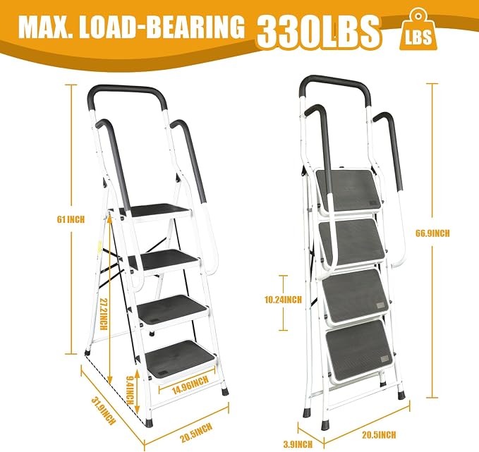 Big Red 4 Step Ladder, 400 Ergonomic Folding Stool with Anti-Slip Pedal, Step Stool with Padded Handle for Kitchen, Household, Offices, ATRJZ9034XR, Torin