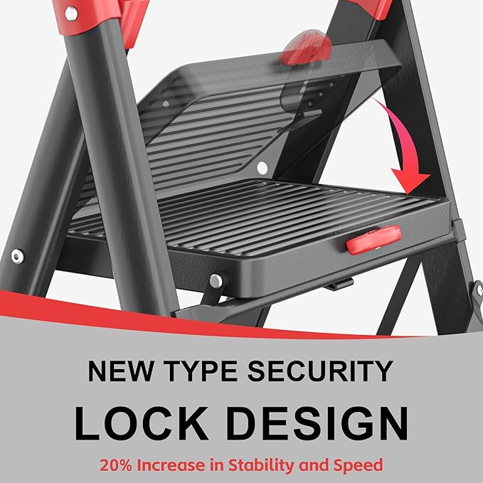 DIAMONDFORGE 5-Step Folding Step Stool Ladder, Heavy Duty Steel with Anti-Slip Wide Pedals & Feet, 800 lbs Capacity for Home Kitchen, Black Red