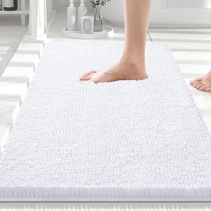 Smiry Luxury Chenille Bathroom Rugs 30x20, Extra Soft and Absorbent Shaggy Bath Mat, Machine Washable, Non-Slip Plush Carpet Runner for Tub, Shower, and Floor, Home Decor Accessories, White