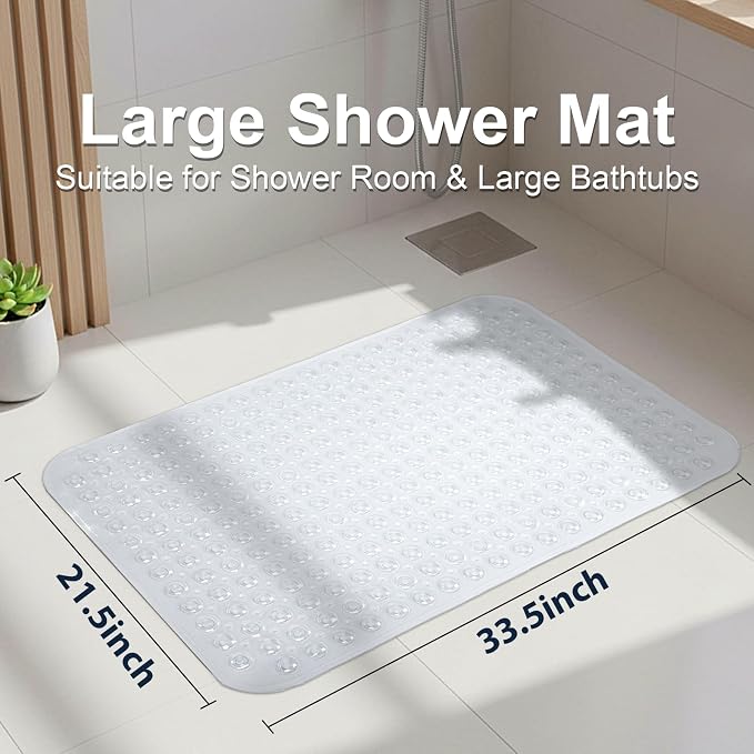 Large Shower Mat 21.5x33.5 Inch Clear, Soft Non Slip Shower Mats for Inside Shower with Big Suction Cups Drain Holes, Extra Large Bath Bathtub Mat Floor Stall Mats, BPA-Free, Easy Clean