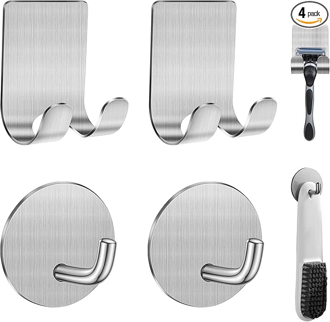 Diesisa Razor Holder for Shower + Adhesive Wall Hooks, Premium 304 Stainless Steel Shower Razor Holder with Heavy Duty Waterproof Sticky Hooks for Hanging Towels, Coat, hat (2+2 Pack)